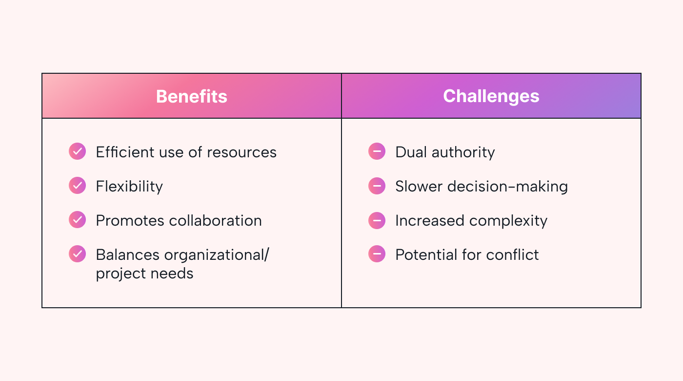 Table listing matrix structure benefits and challenges