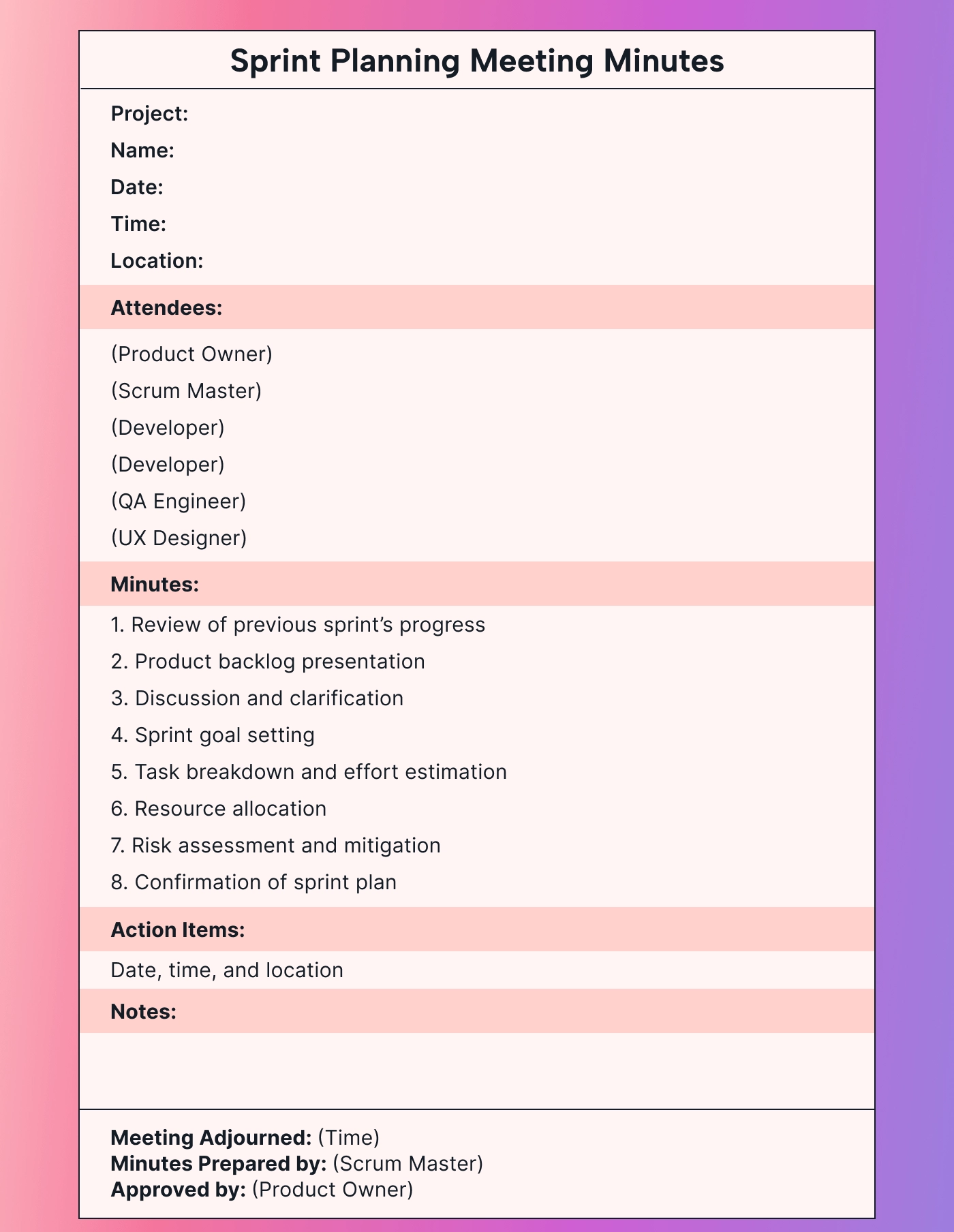 A sprint planning meeting minutes template