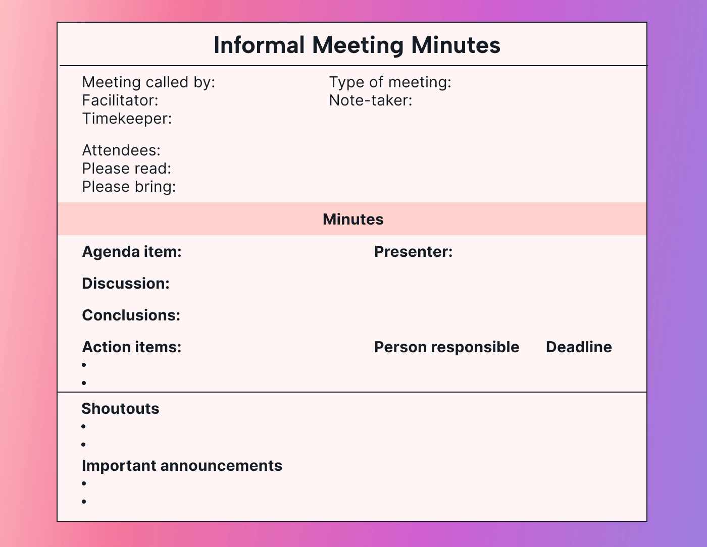 Informal meeting minutes template