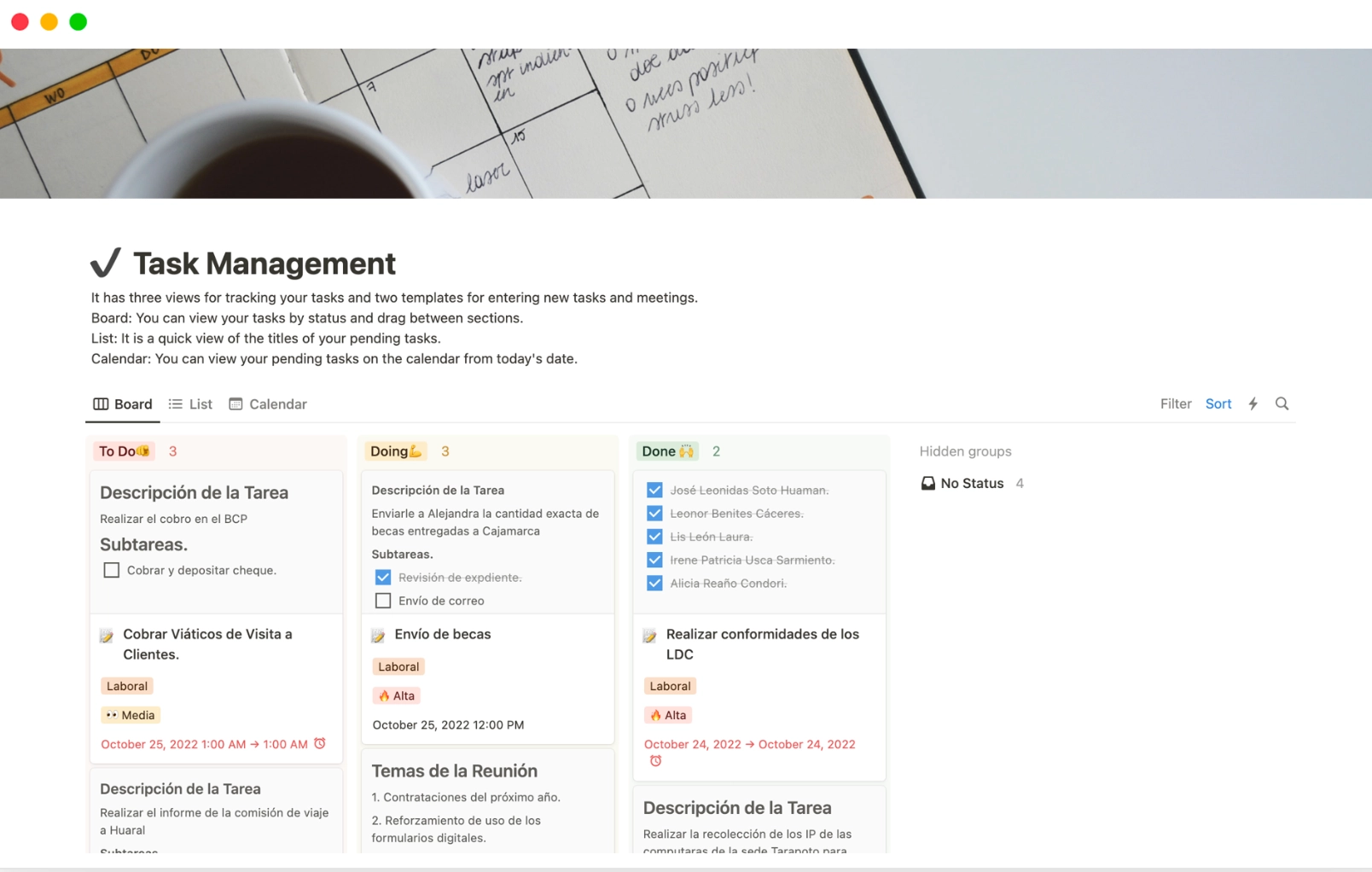 Task management view on Notion