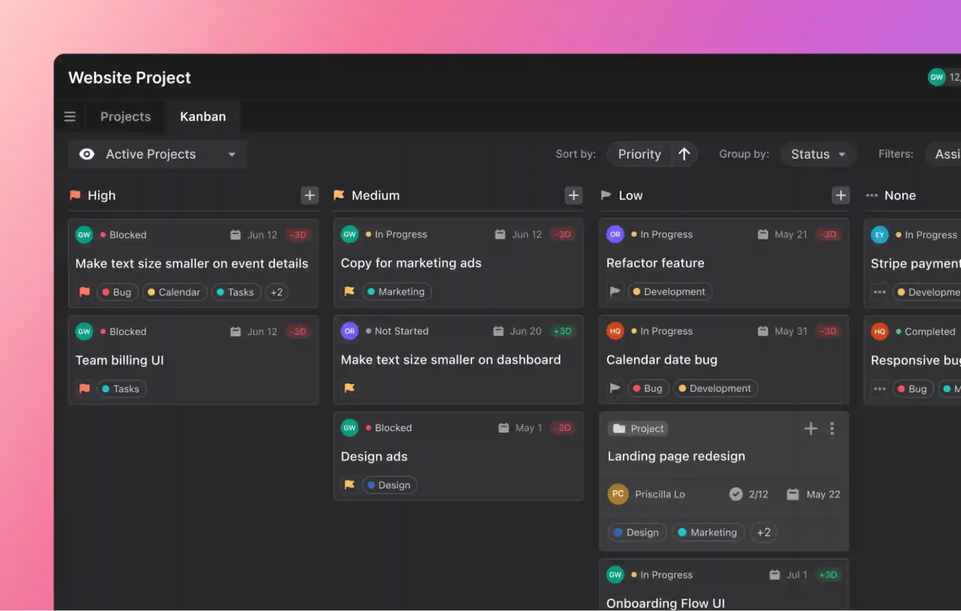 Kanban view of task priorities