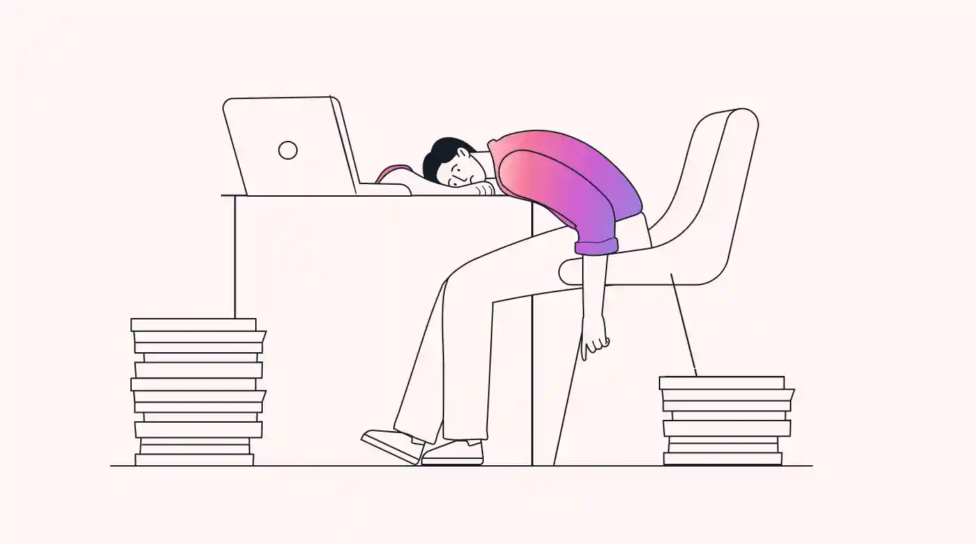 Defeated employee with piled up tasks