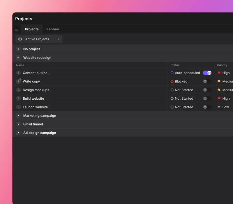 Motion AI project planning dashboard