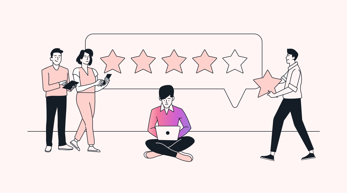Five stars in a speech bubble with four people sitting on and around it