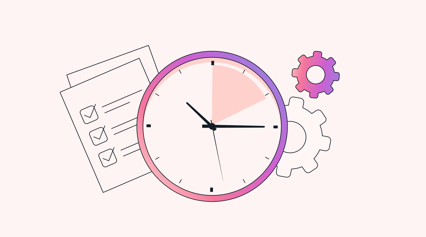 A checklist, cogs, and clock in the centre