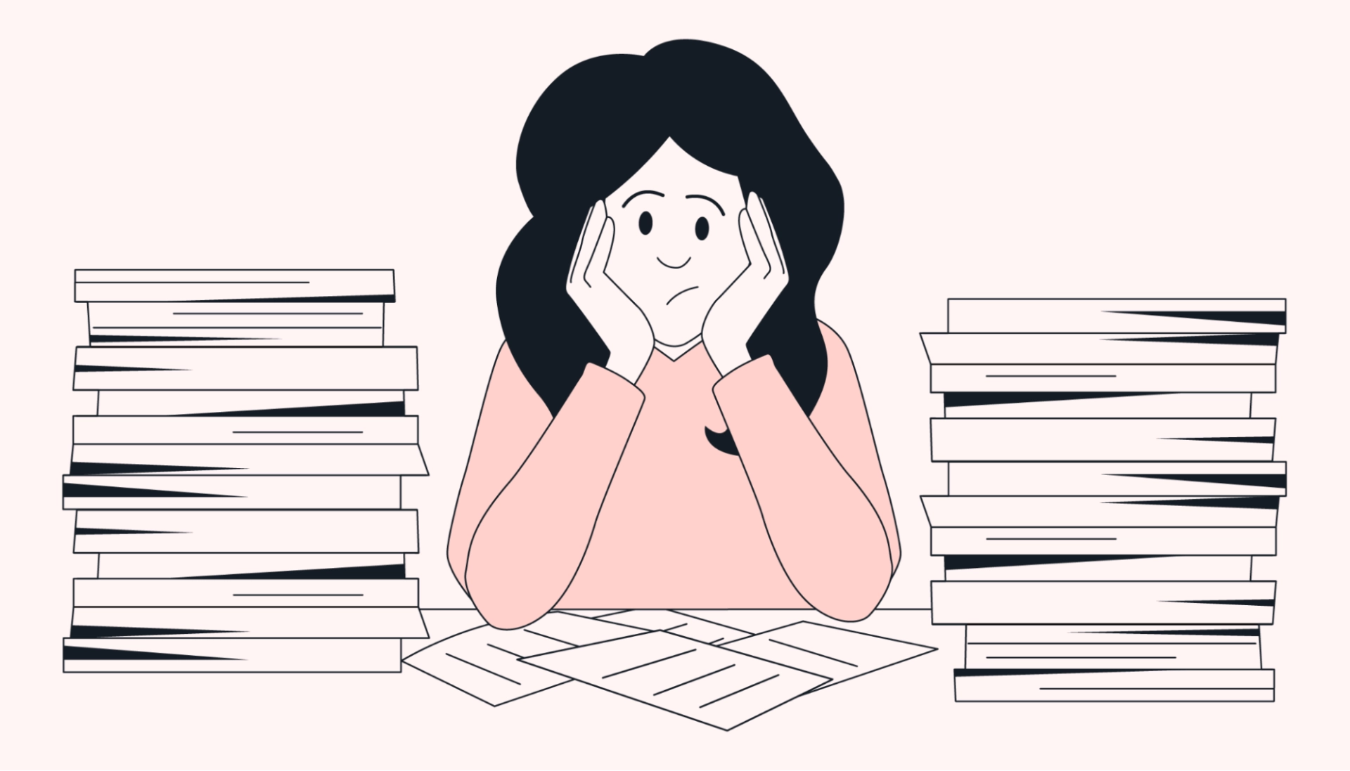 Frustrated employee avoiding piles of work
