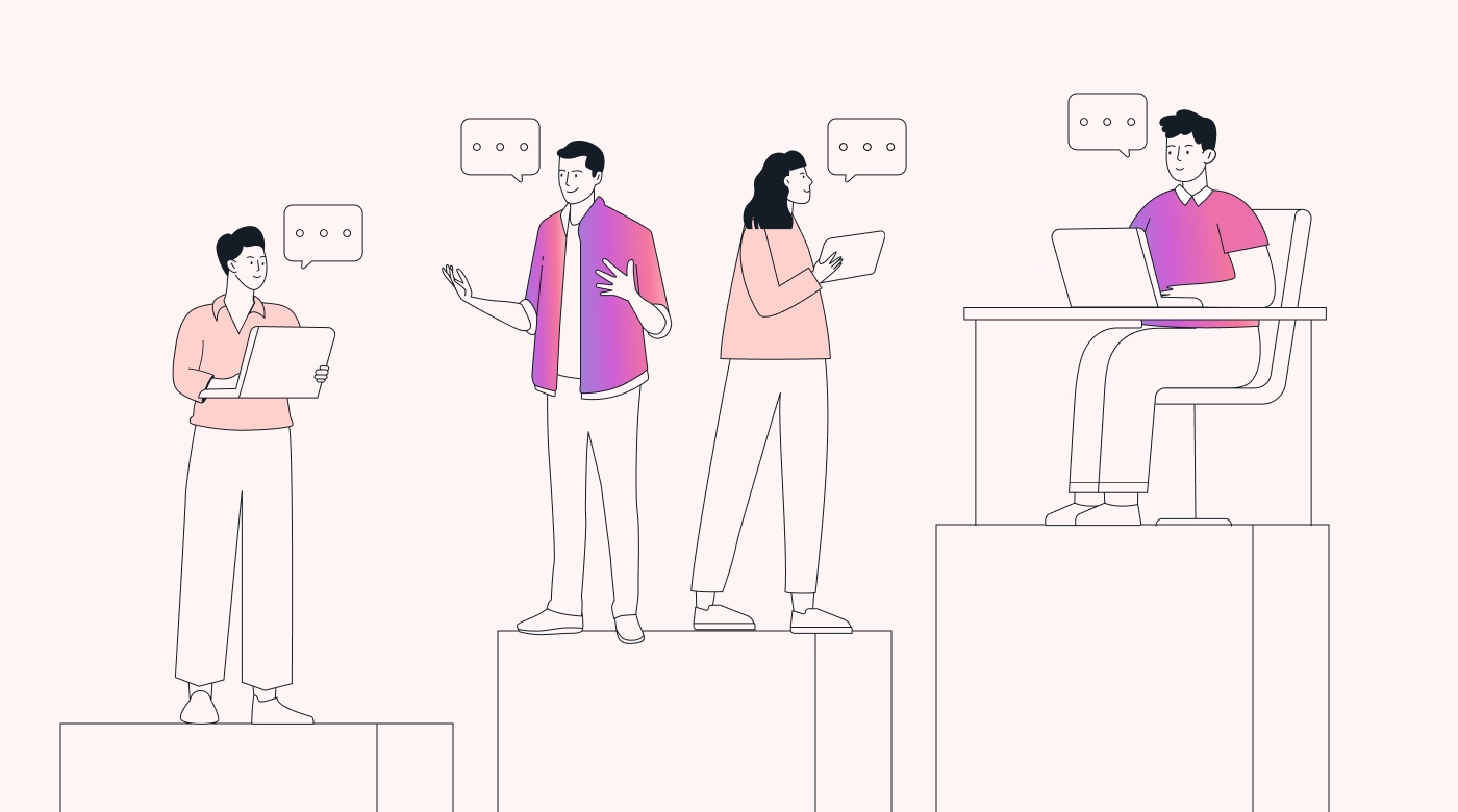 A team walking up stairs with speech bubbles above their heads