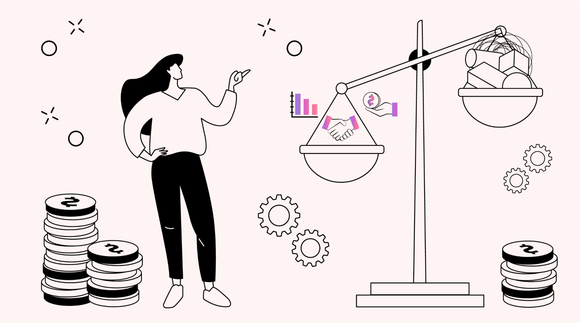 A person pointing at a tall scale balancing icons representing client and project management