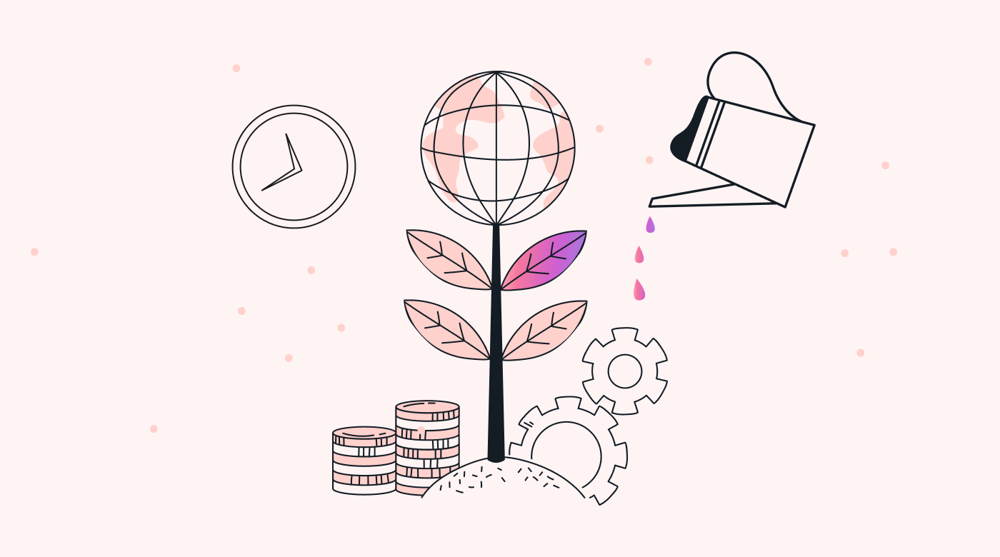 A plant being watered, with a globe at the top and money and cogs at the base