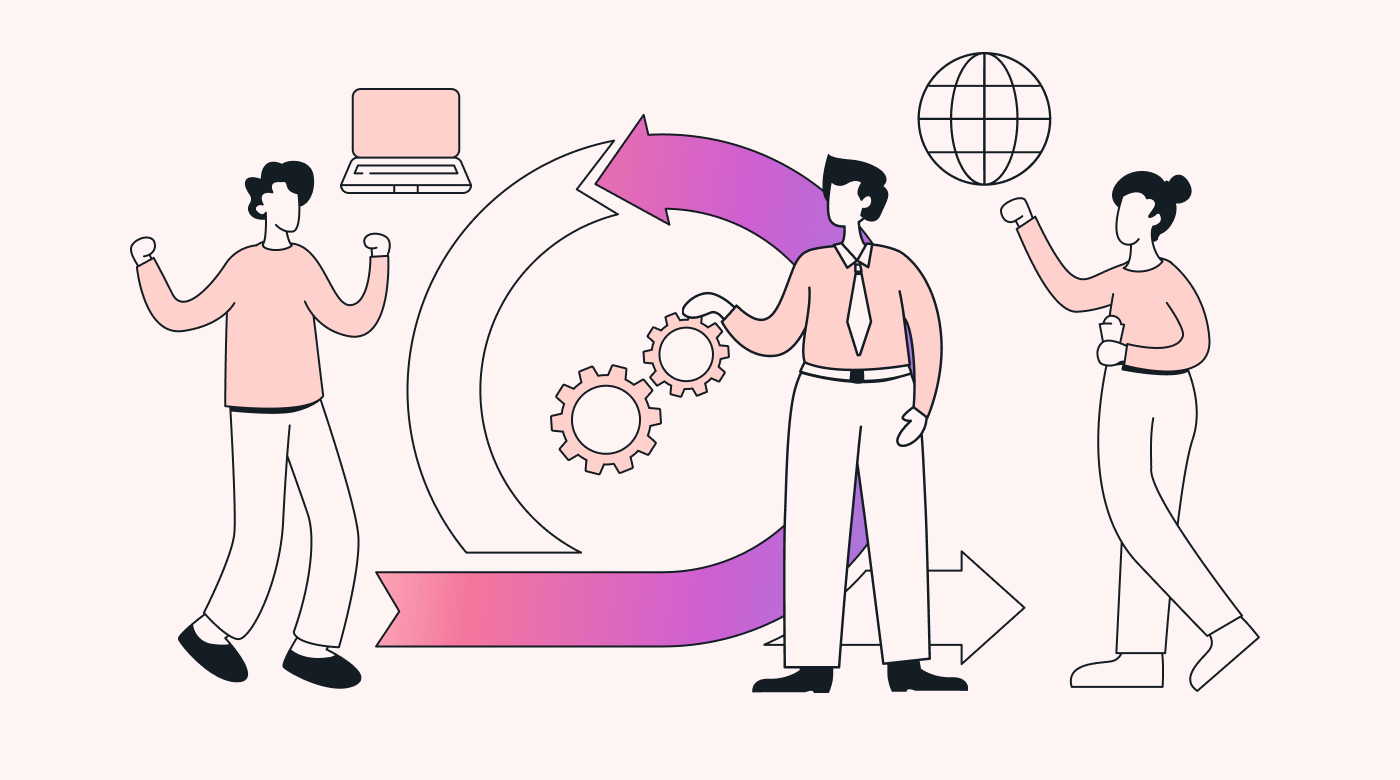 A team standing by an arrow loop with a laptop and working icons