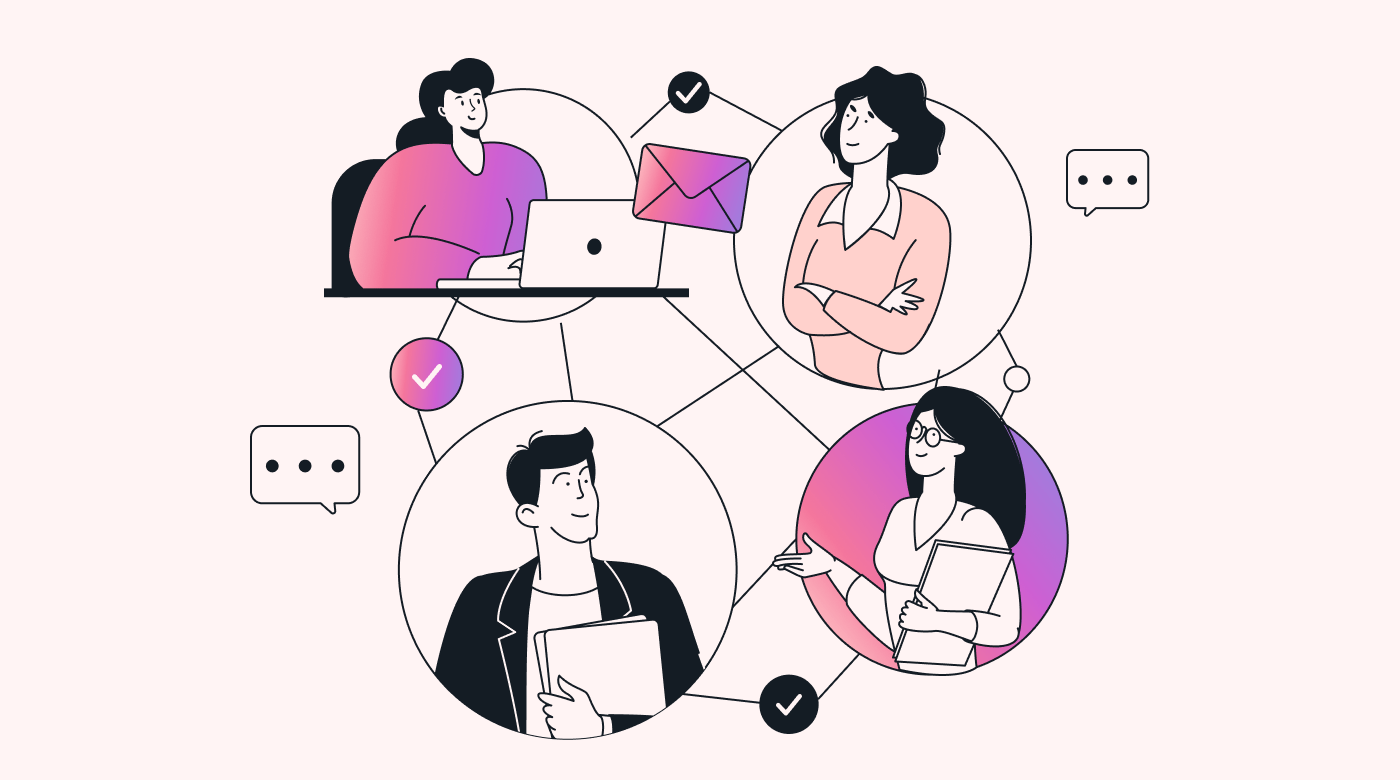 Team images in circles, connected by lines, ticks, and communication icons