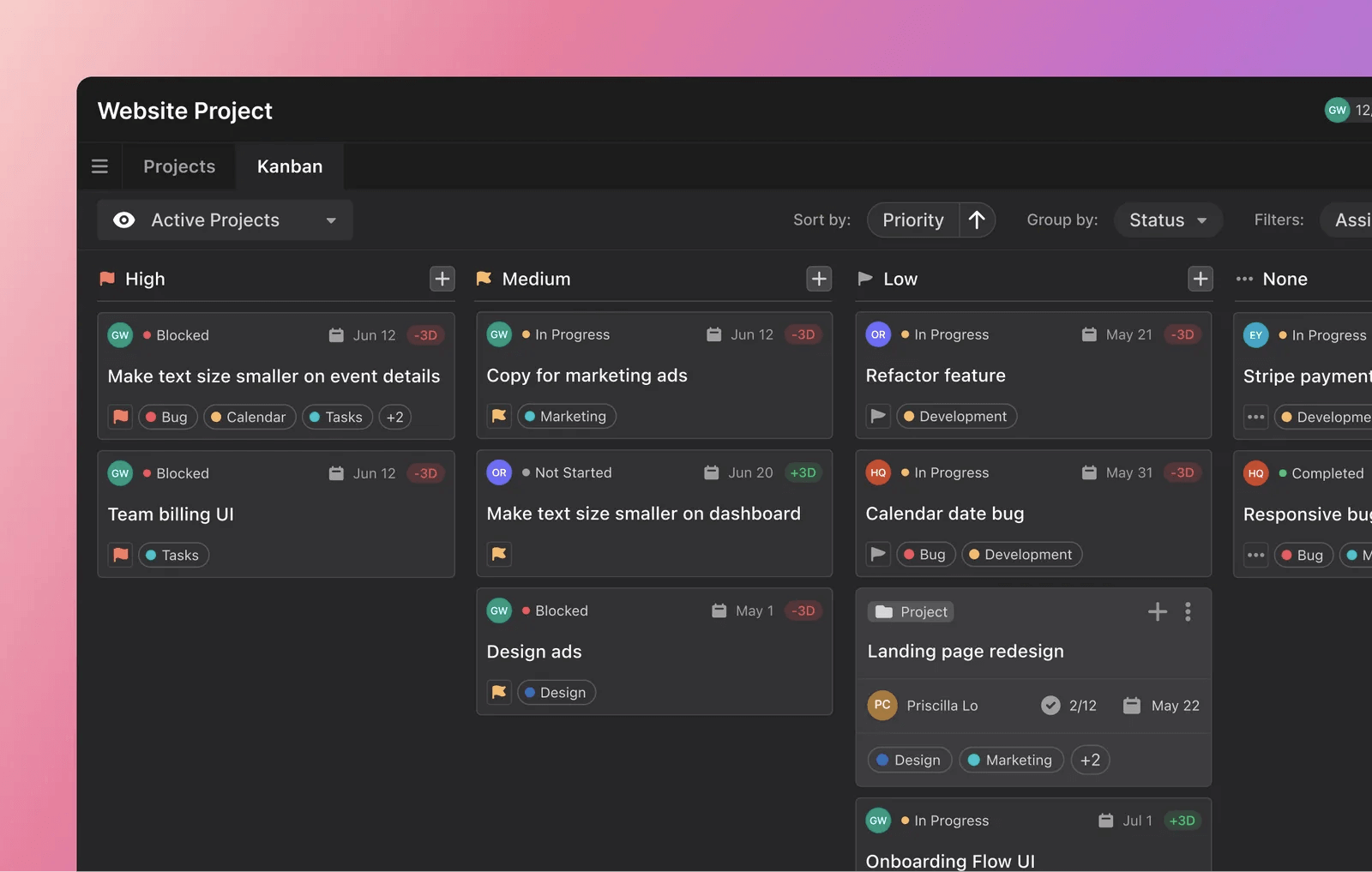 An example of projects laid out on Motion