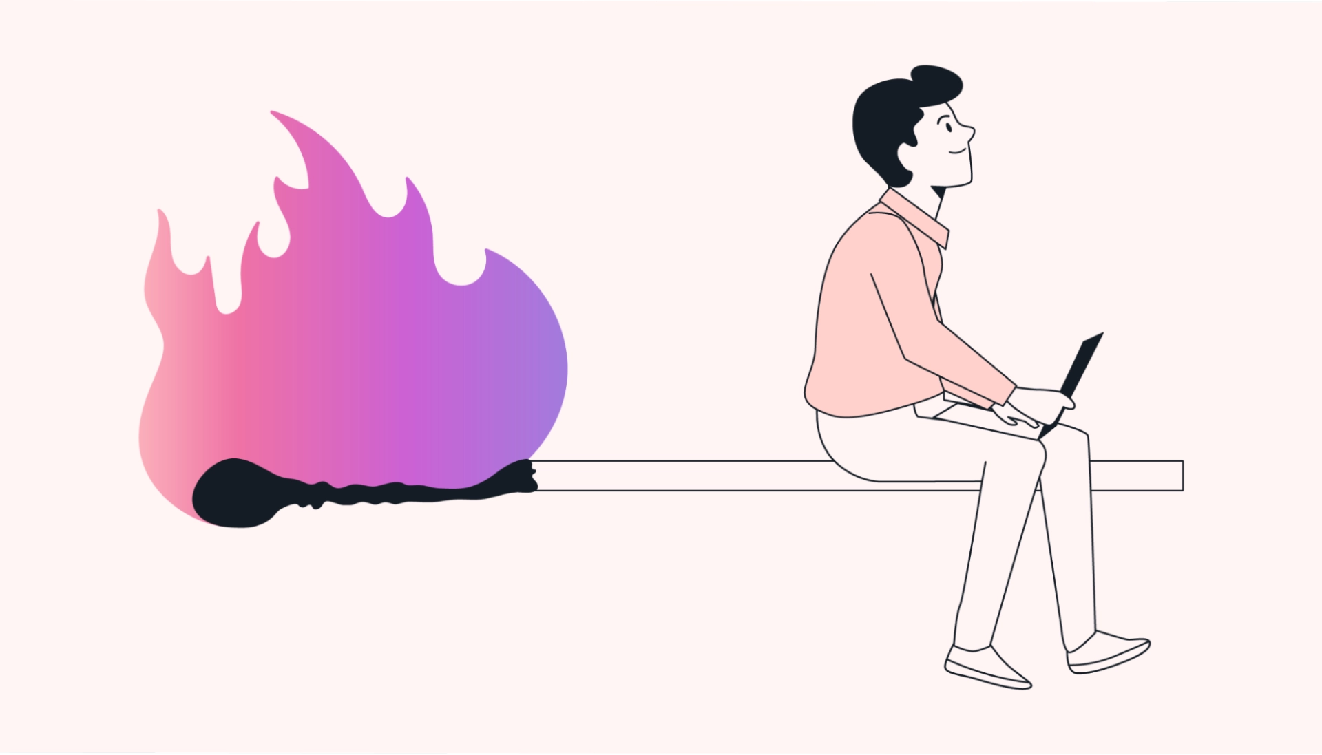 Worker sitting on burning match
