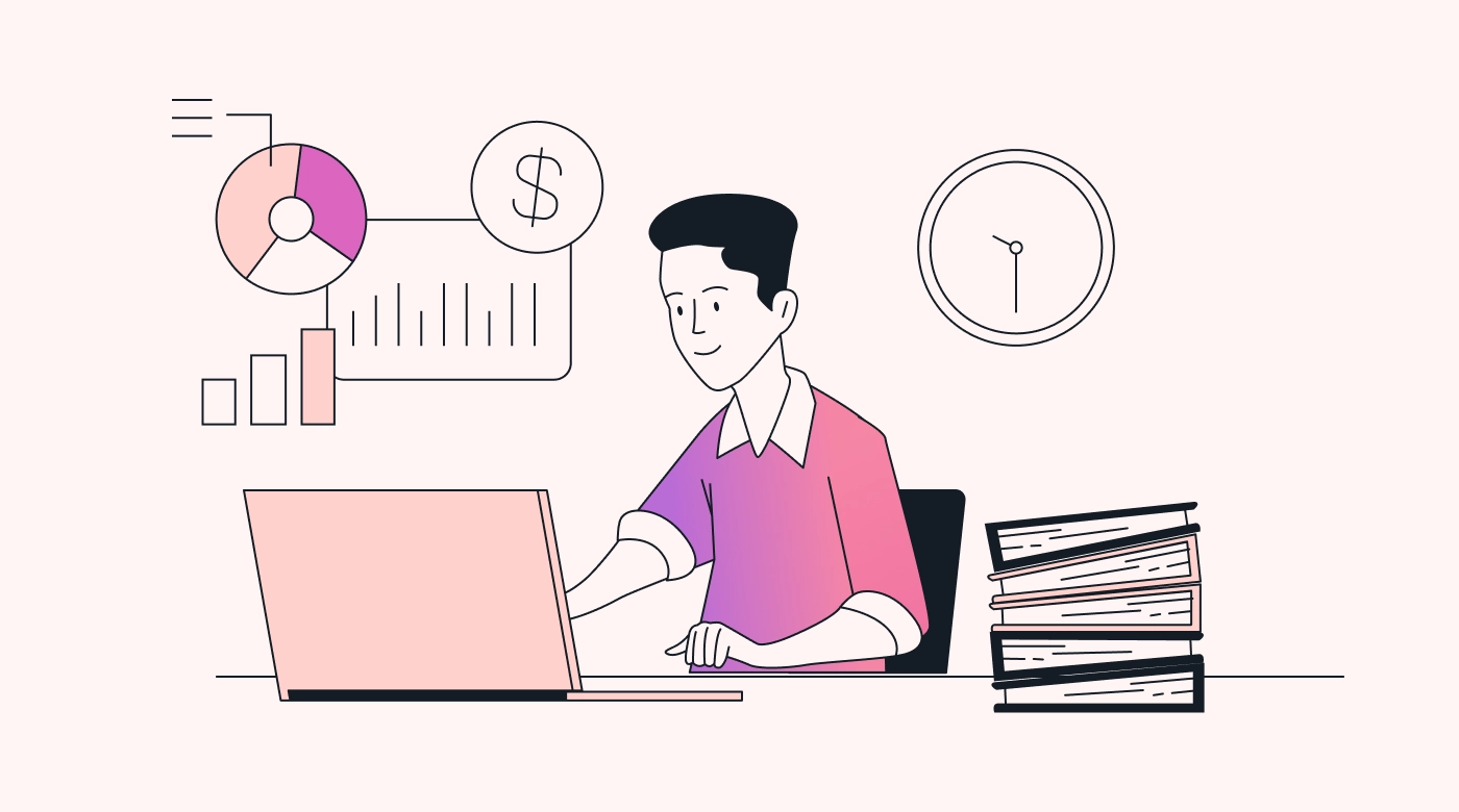 Worker surrounded by financial graphs