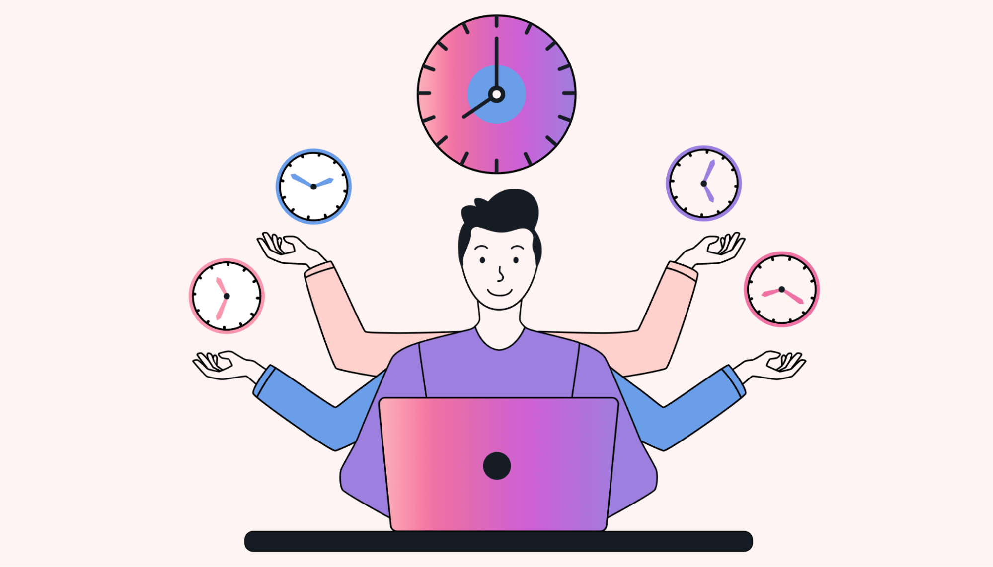 Man with four arms juggling clocks to represent time management.