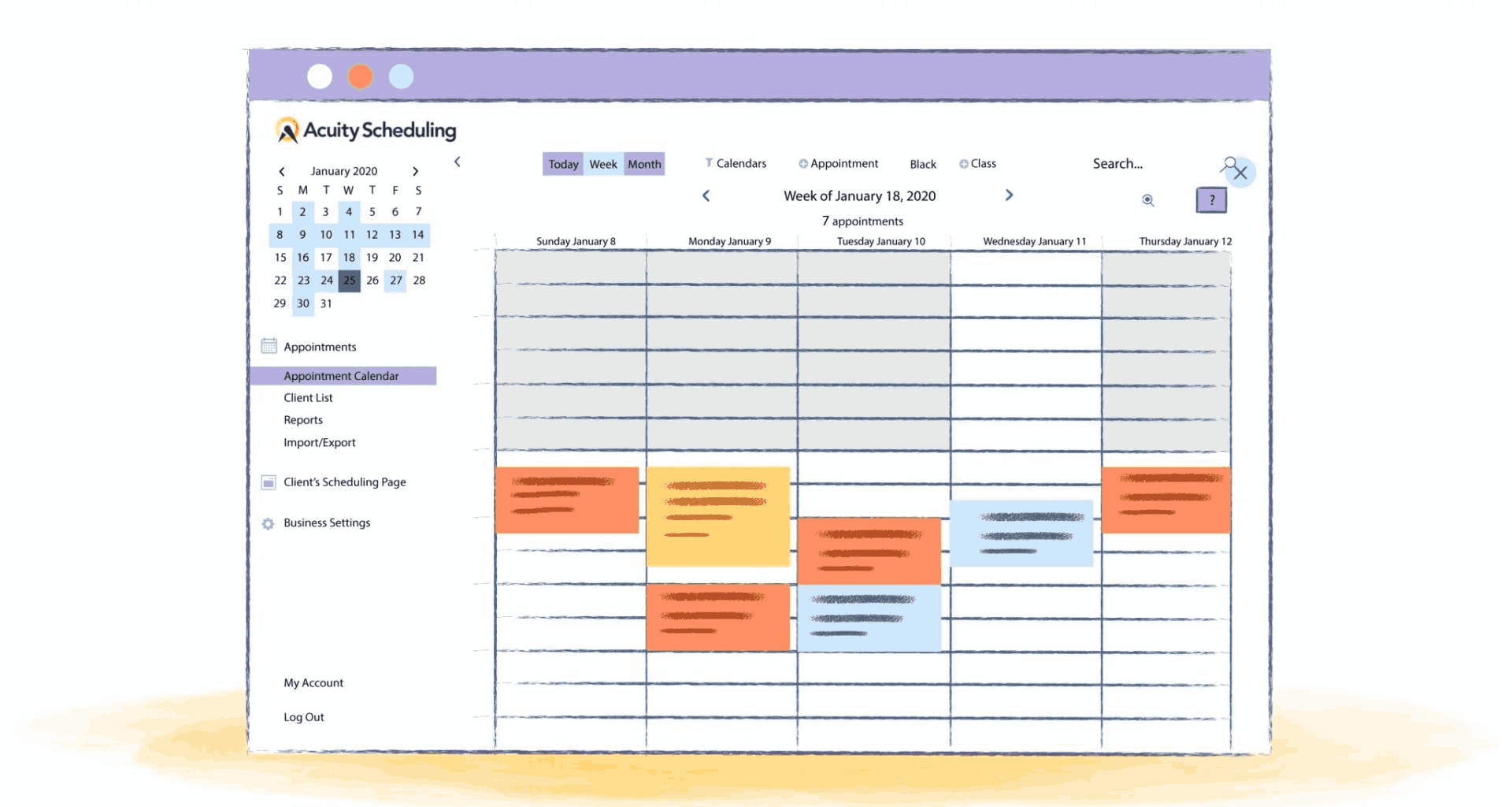 Acuity Scheduling mock interface mockup of appointment calendar.