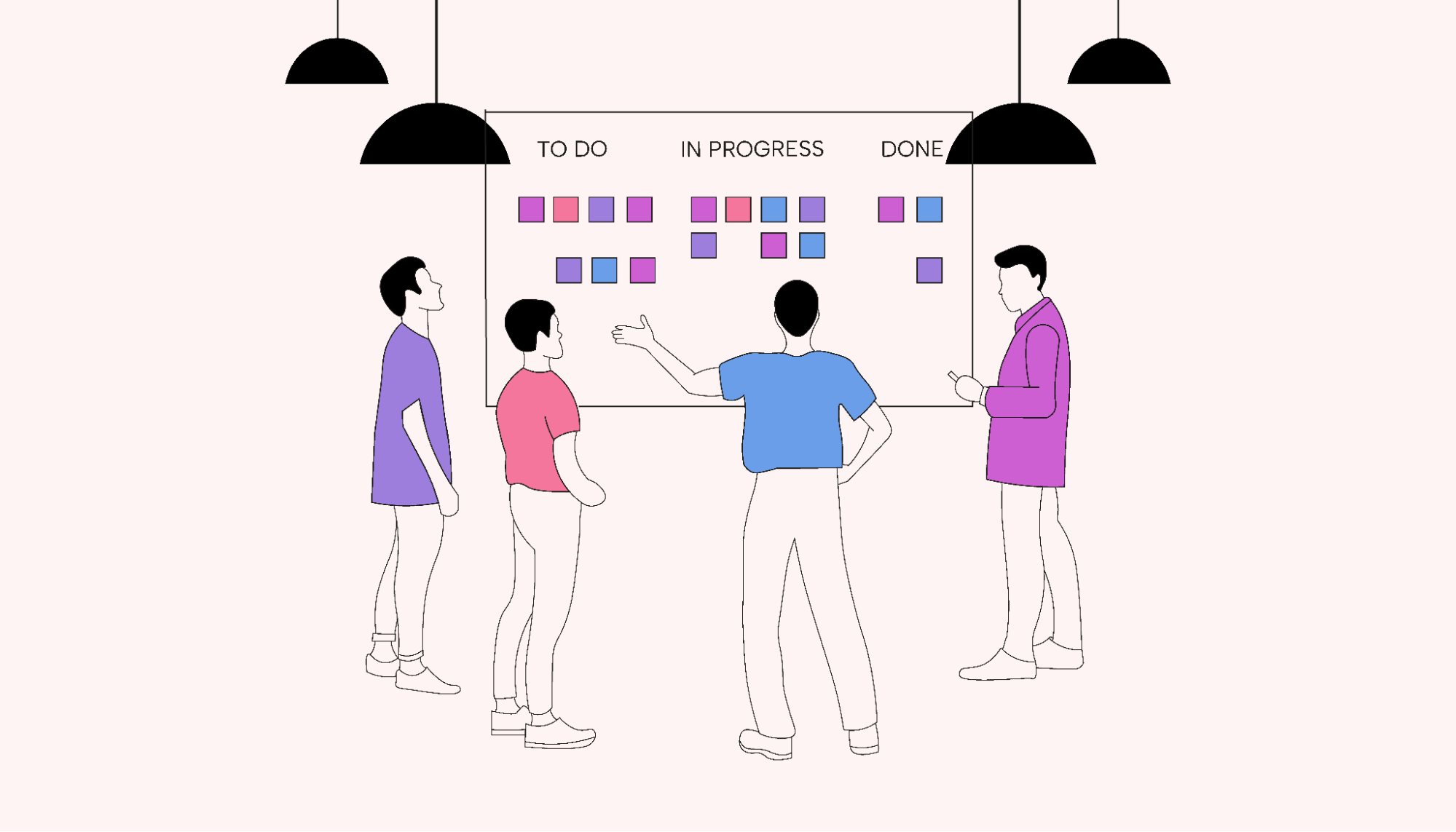 A team standing around a Kanban board