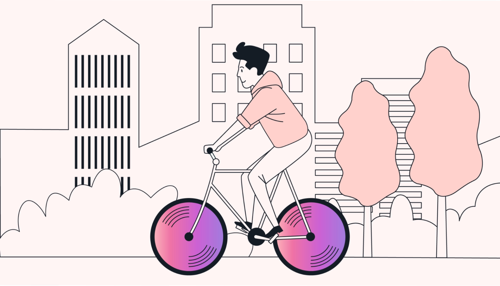 Person cycling with a city backdrop.