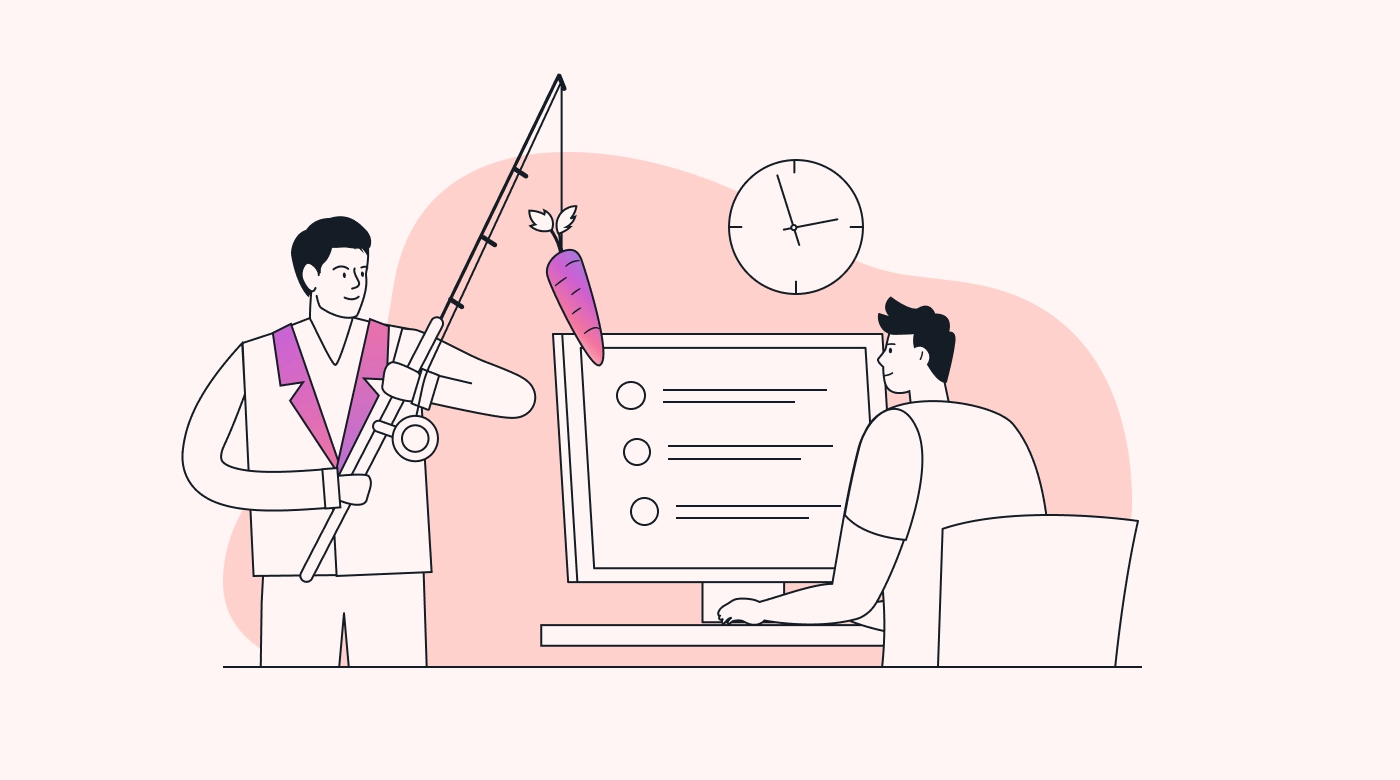 A boss holding a fishing rod dangling a carrot in front of an employee
