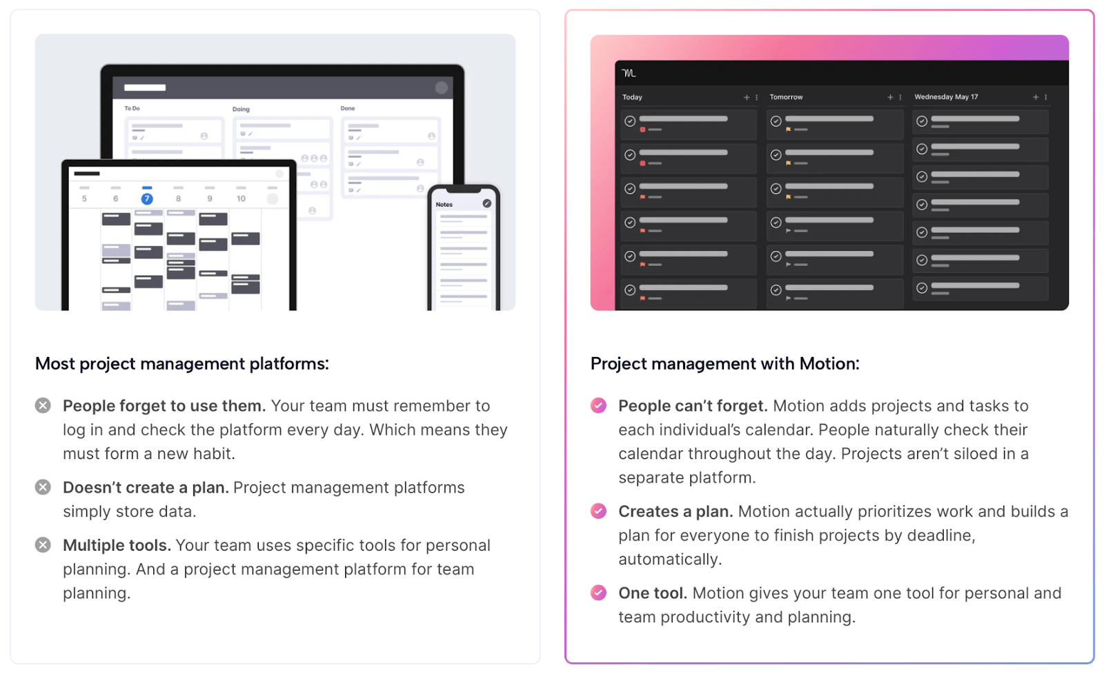 Screenshot comparing Motion to other project management platforms