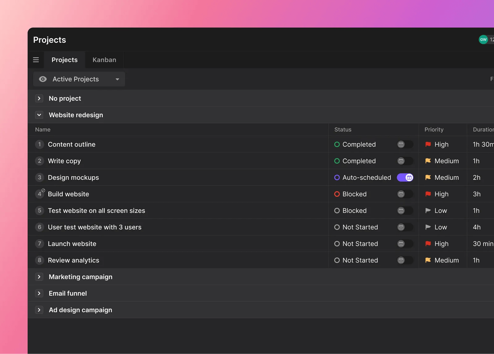 Screenshot of Motion project plan