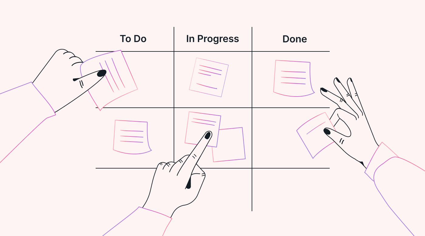 Image of three people’s arms placing sticky notes in one of thee columns on a blackboard