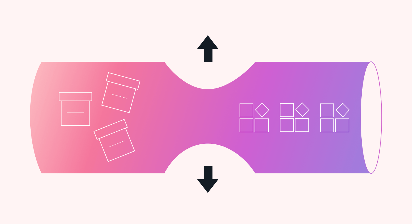 A purple tube with arrows pulling outward from the middle and workflow icons on either side