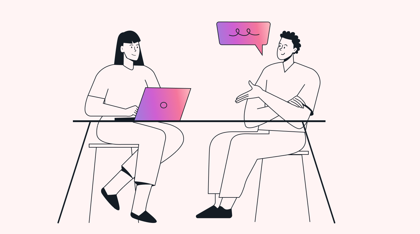 Two people talking, one with a laptop, the other with a thought bubble