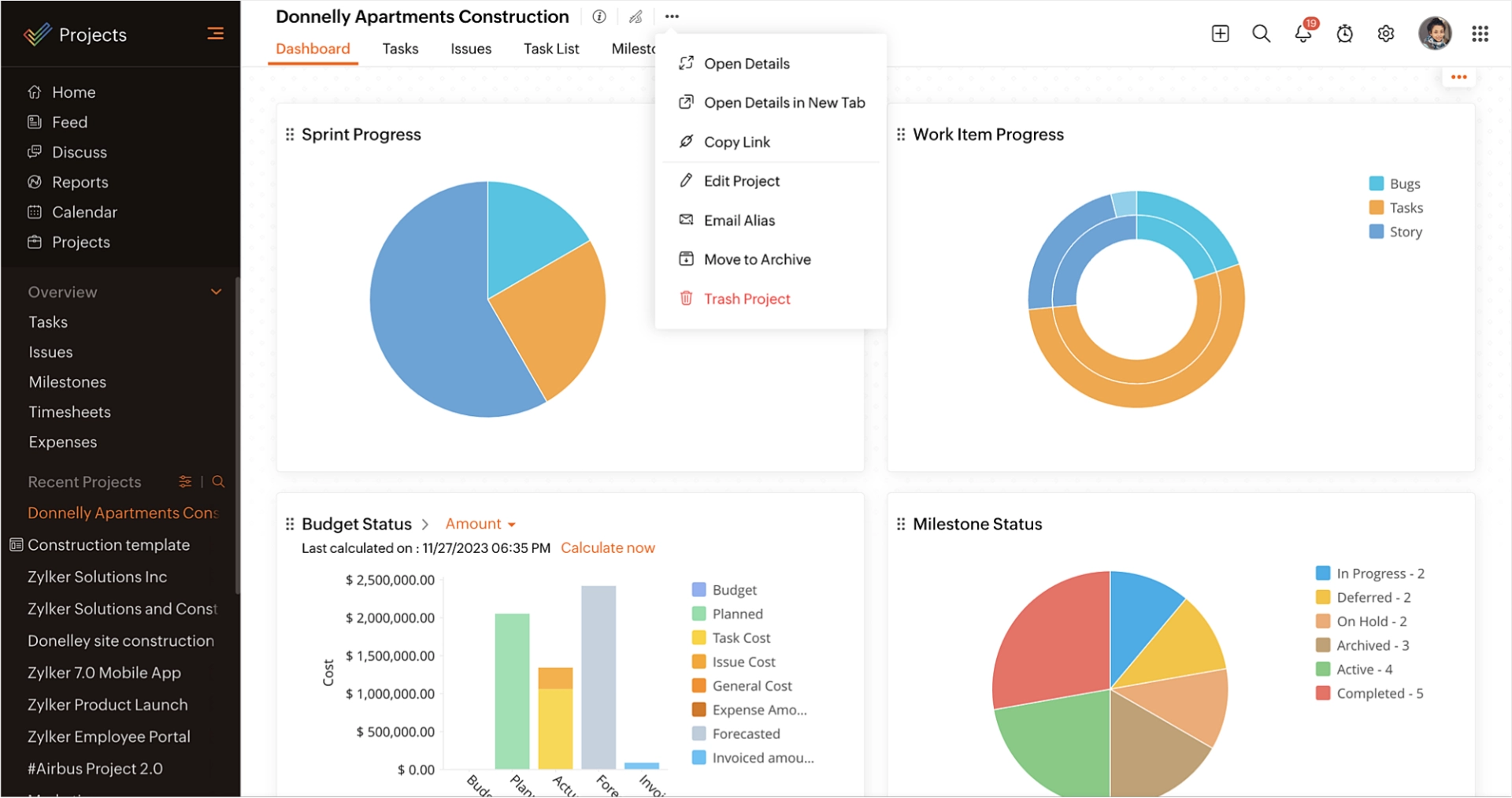Screenshot of Zoho Projects dashboard