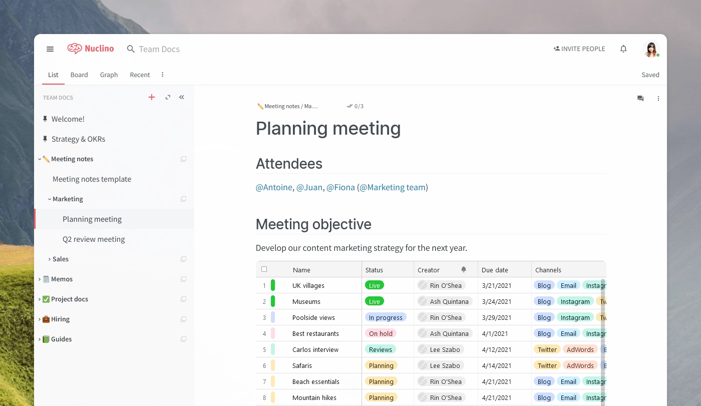Screenshot of Nuclino dashboard