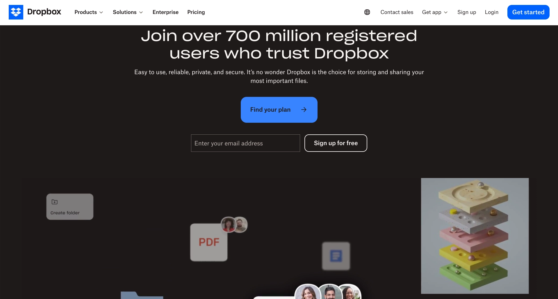 Screenshot of Dropbox homepage