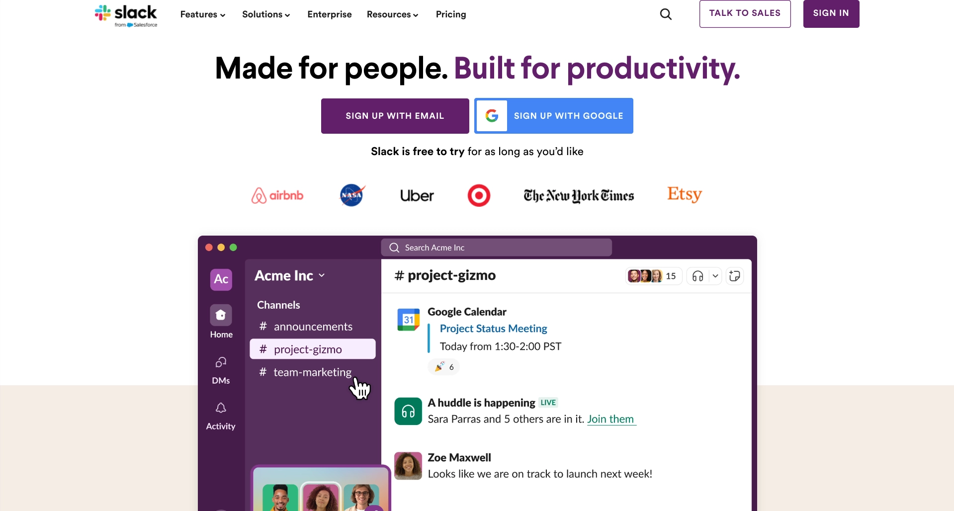 Screenshot of Slack homepage