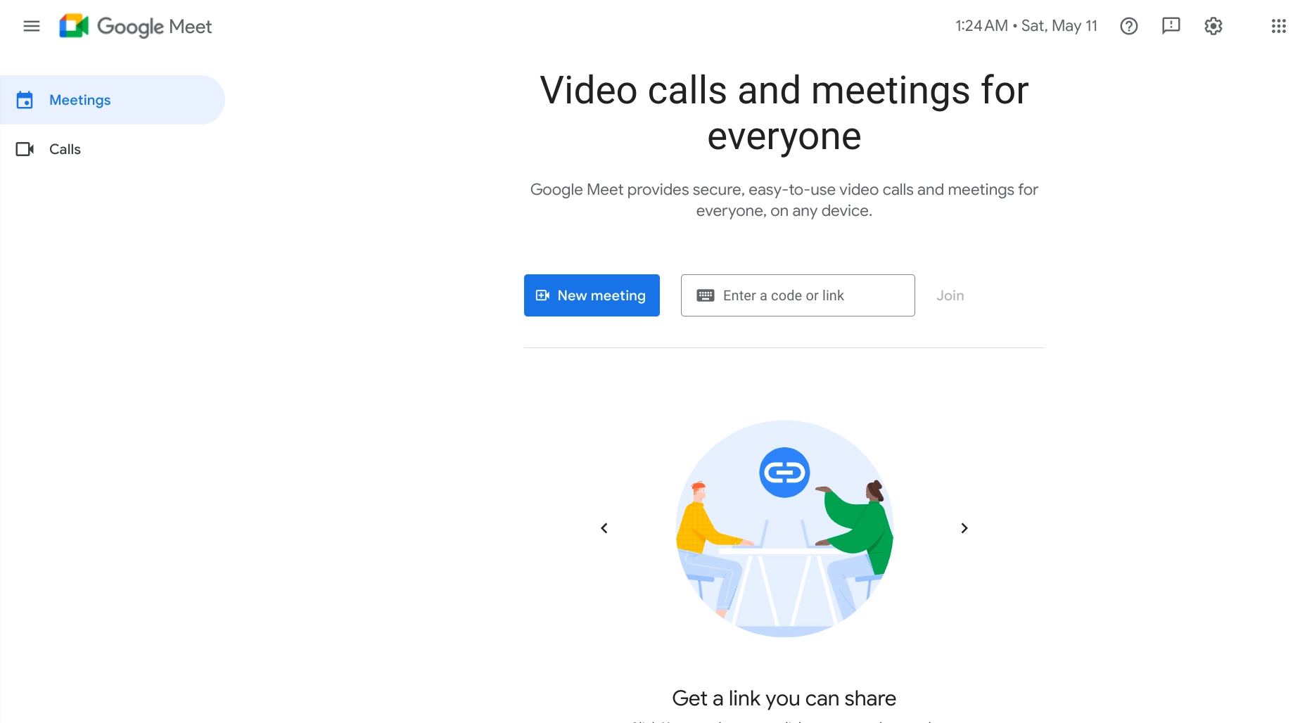 Screenshot of Google Meet homepage