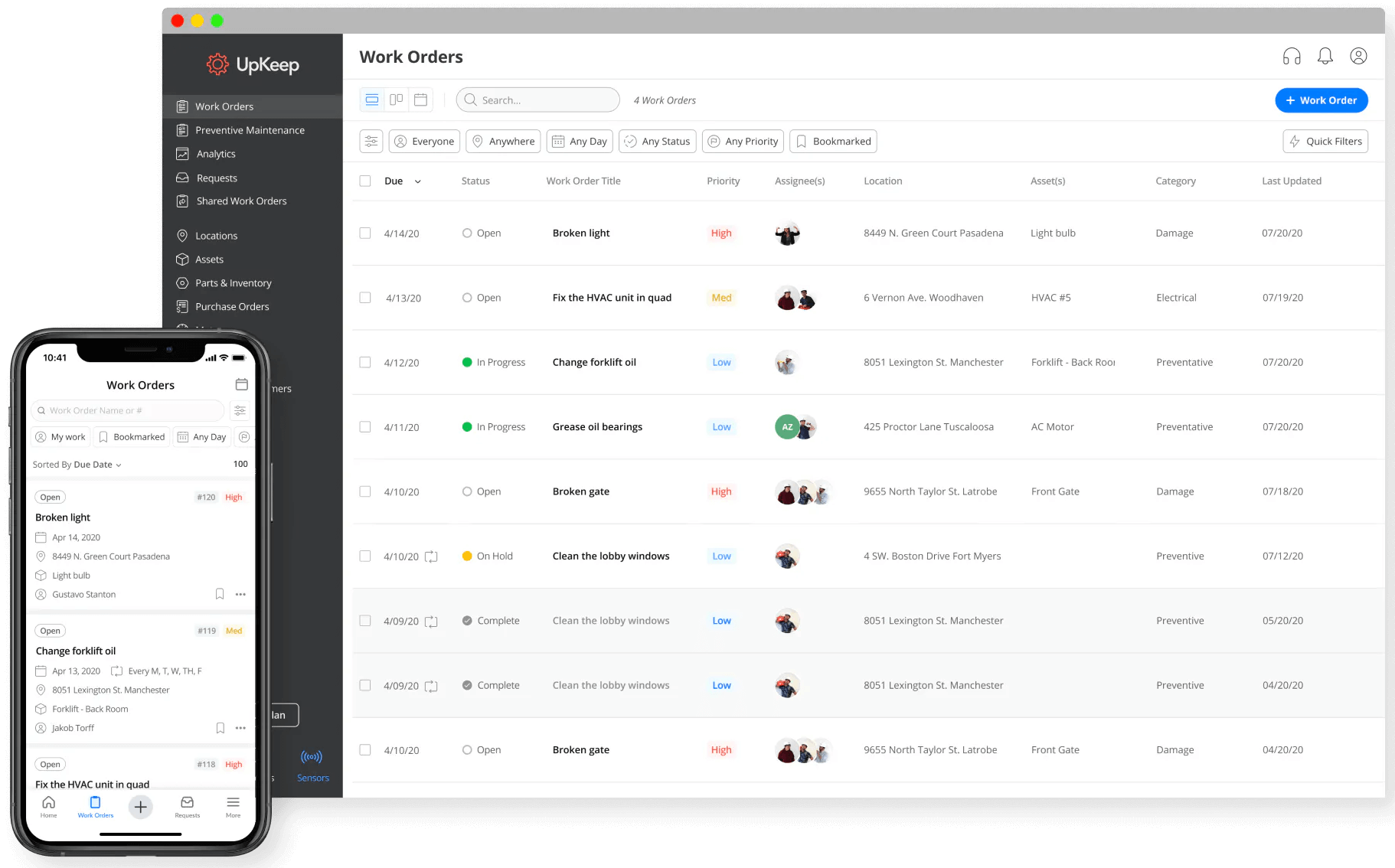 UpKeep dashboard interface on desktop and mobile