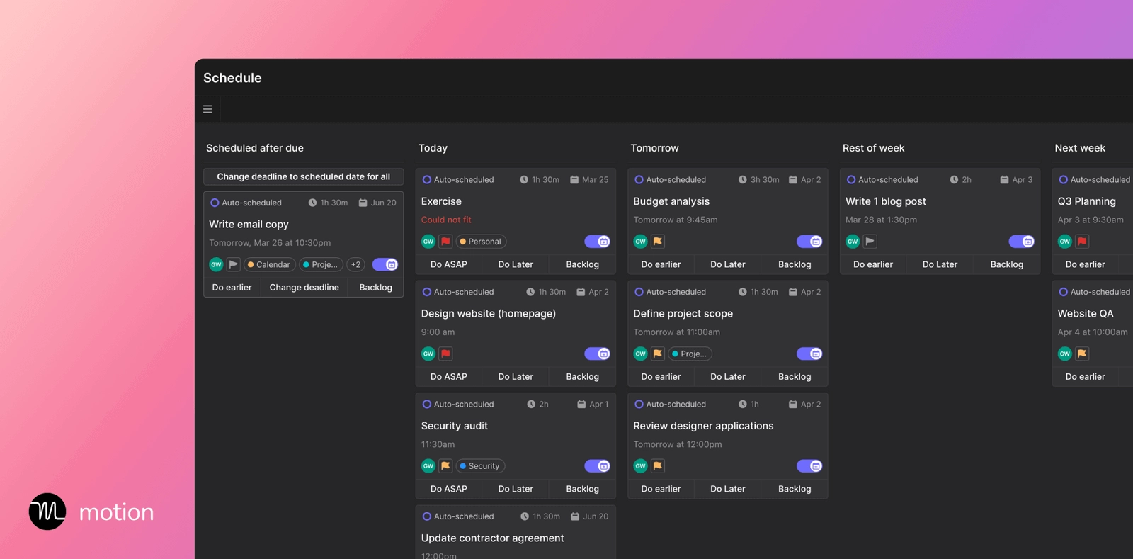 Motion schedule in Kanban view outlining tasks planned for the week
